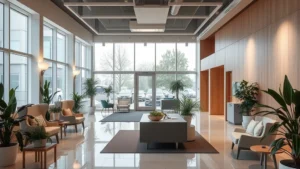 Serene medical facility interior with modern design, soft lighting, comfortable seating areas, plants, and calming architectural elements suggesting professional mental health care environment
