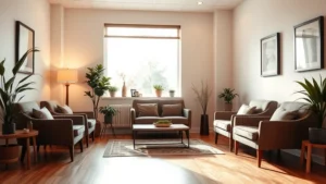 Serene therapy office interior with comfortable seating, warm lighting, and peaceful ambiance. Natural window light streams in. Clean, professional yet welcoming space without any visible text or signage.