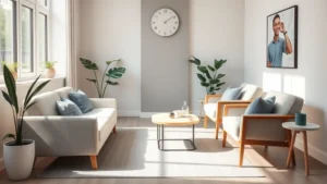 Modern peaceful mental health counseling room with comfortable seating, soft natural lighting, and calming neutral tones, no text or people visible