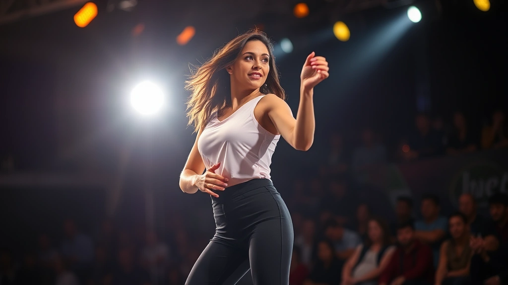 Professional female performer on stage under dramatic spotlight lighting, mid-choreography movement, confident expression, concert venue setting with blurred audience in background