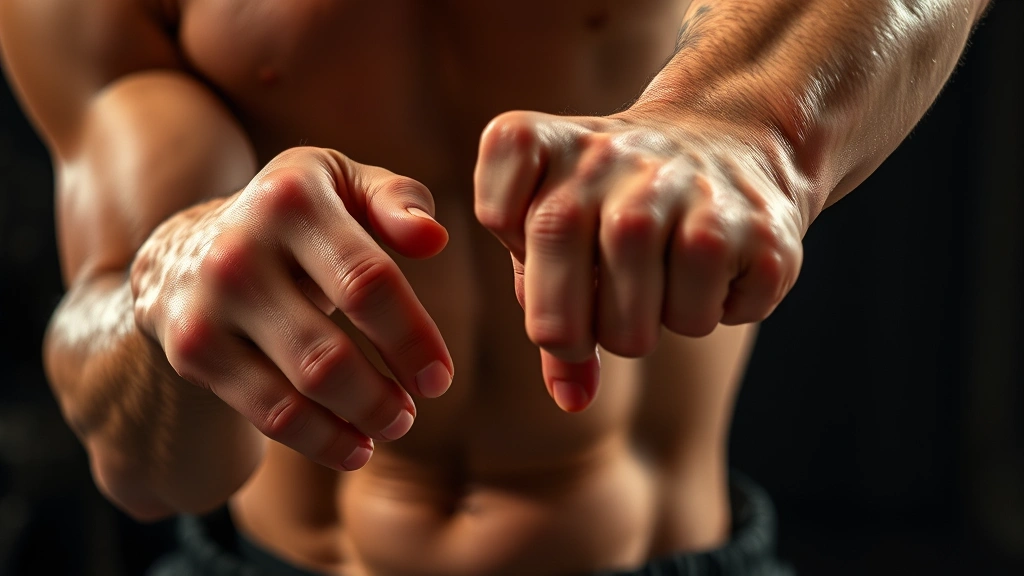 Close-up of hands and body during intense physical movement, sweat visible, muscles engaged, dynamic motion captured mid-action, professional stage lighting