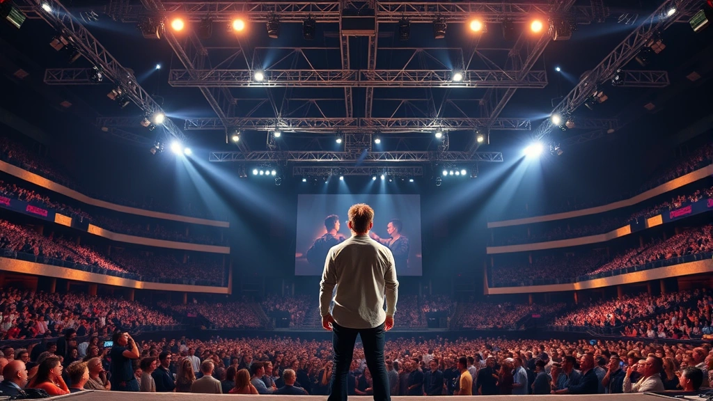 Wide shot of performer commanding large stage with full production setup, multiple lighting rigs overhead, confident posture, audience visible in soft focus, arena-scale venue