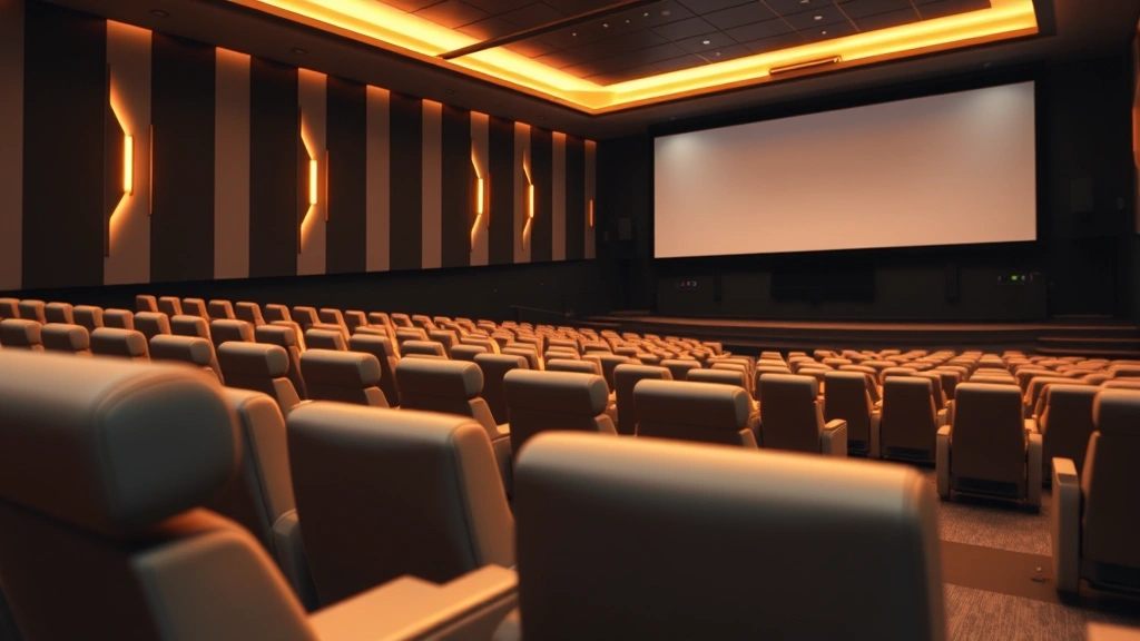 Modern luxury cinema auditorium with comfortable reclining seats, warm ambient lighting, and a large movie screen visible in soft focus, photorealistic interior design