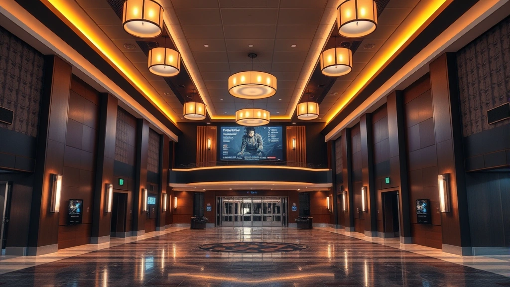 Premium movie theater lobby with elegant lighting fixtures, sleek modern design elements, and welcoming ambiance without people, photorealistic architectural photography