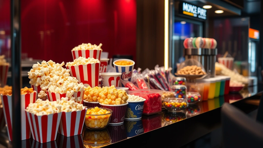 Close-up of luxury cinema concessions counter displaying premium snacks, fresh popcorn, specialty candy varieties, and beverage options, photorealistic food photography