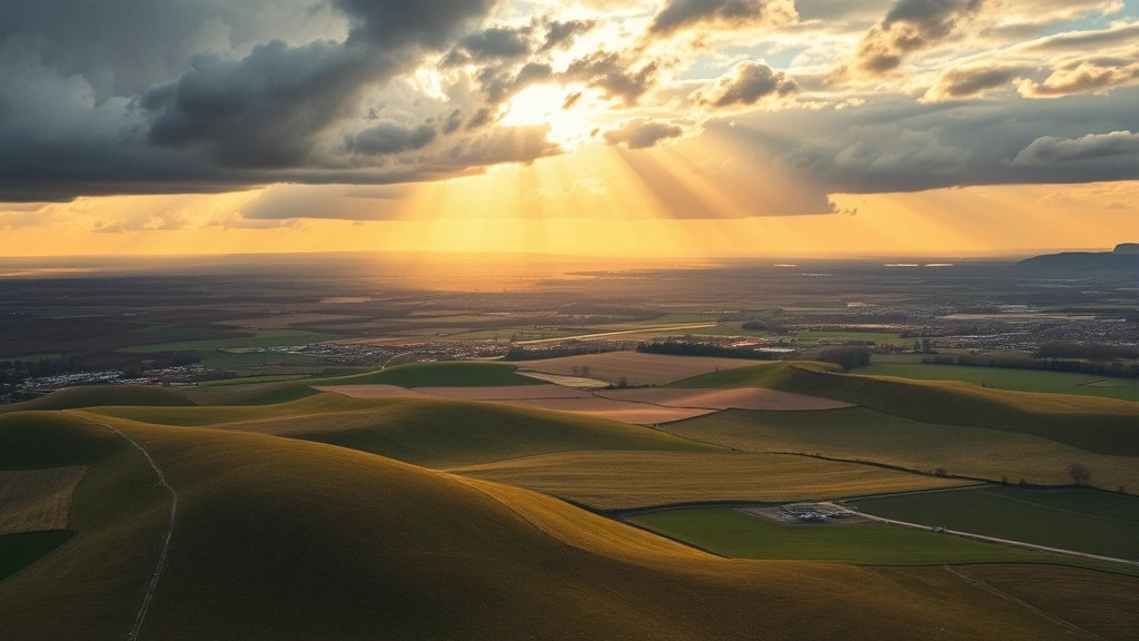Vast landscape showing rolling plains transforming into developed farmland with settlements in the distance, dramatic sky with golden light breaking through clouds, no people visible