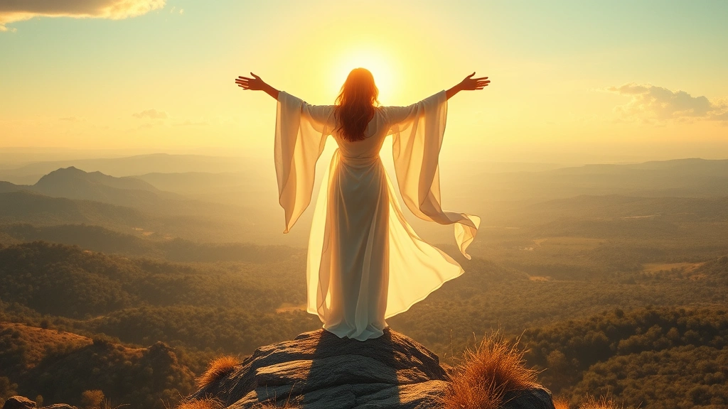 Allegorical female figure in flowing white robes standing triumphantly on elevated terrain, arms outstretched toward horizon, golden light radiating around her, wilderness landscape behind