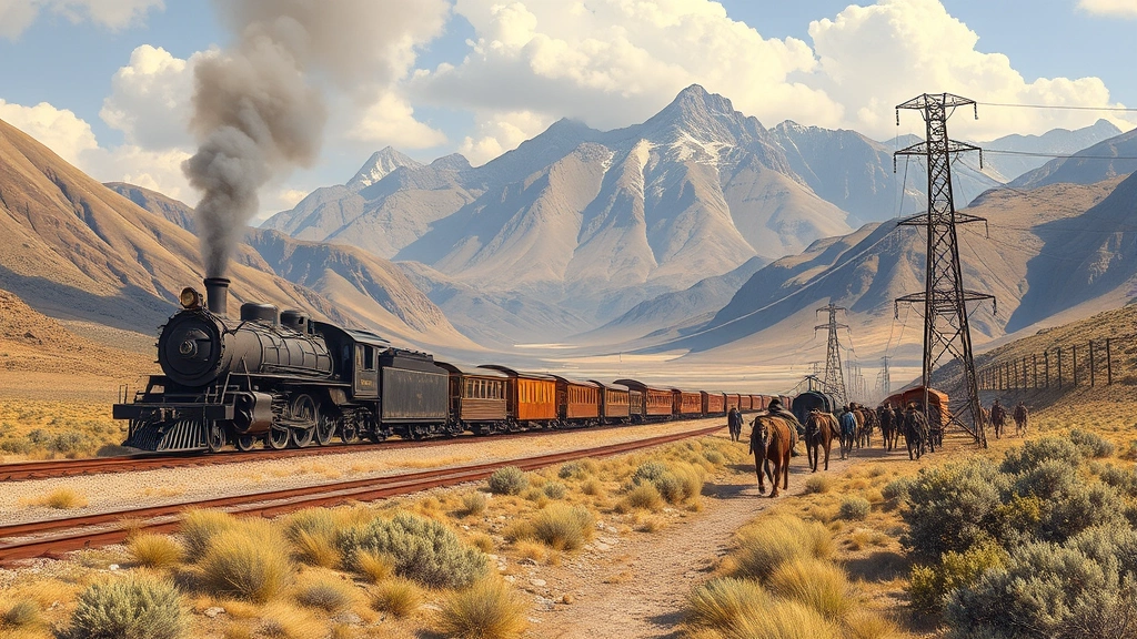 Historical railroad locomotive and telegraph poles advancing through mountainous terrain with settlers and wagons following, frontier landscape with civilization gradually replacing wilderness