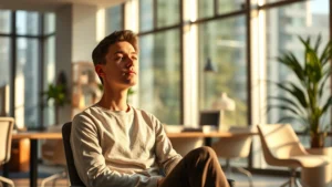 Person sitting peacefully in a modern office environment with soft natural light coming through large windows, looking calm and focused, warm neutral tones