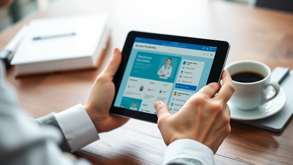 Close-up of hands holding a tablet displaying a healthcare provider directory interface, with a coffee cup nearby on a wooden desk, professional setting