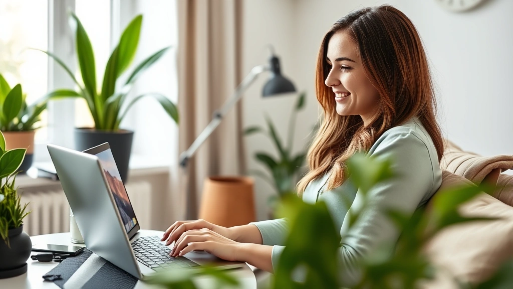 Woman having a video call on laptop from a comfortable home office space with plants and natural light, relaxed and engaged expression, contemporary interior