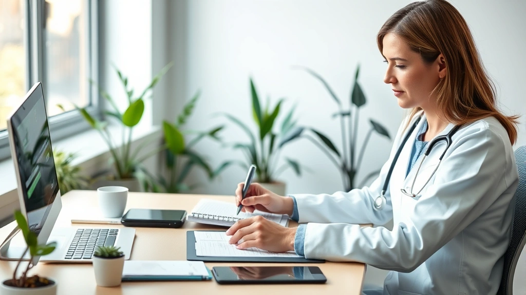 A calm professional healthcare provider reviewing patient notes at a modern desk with soft natural lighting, plants visible in background, representing integrated mental health care coordination