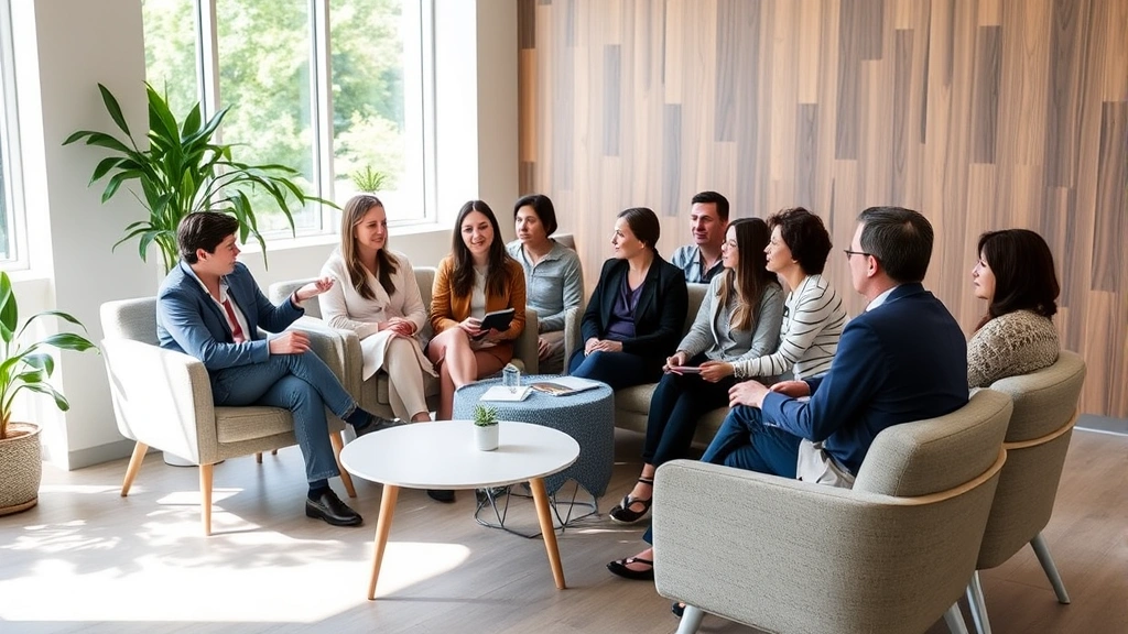 A diverse group of people in a comfortable clinical waiting area with contemporary furniture, natural light streaming through windows, suggesting welcoming mental health treatment environment