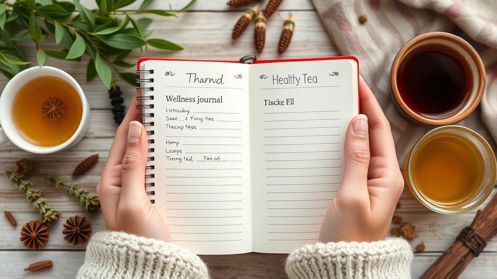 Close-up of hands holding a wellness journal with therapy notes and health tracking, surrounded by calming elements like herbal tea and natural textures, representing holistic mental health treatment