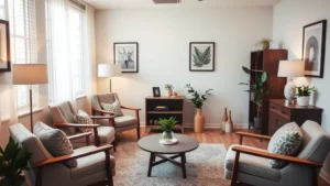 Serene therapy office with comfortable seating, soft lighting, and calming decor, depicting a safe therapeutic space for mental health treatment