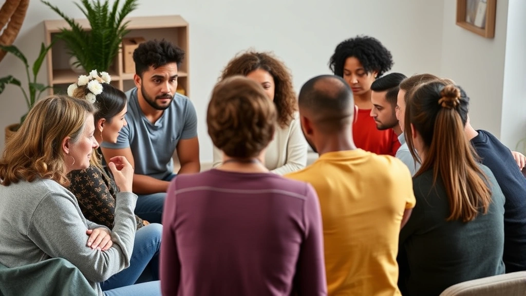 Diverse group of people in a supportive circle during a group therapy session, showing engaged listening, compassion, and genuine connection without distress