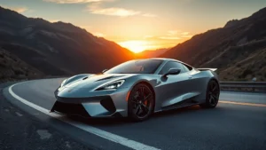 Sleek silver sports coupe positioned three-quarter view on a winding mountain road with dramatic sunset lighting, showcasing aggressive aerodynamic lines and LED headlights