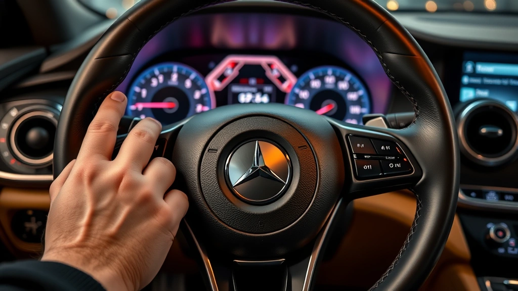 Close-up of premium leather steering wheel and modern dashboard with ambient lighting, hands positioned at 9-3 o'clock, luxurious cabin materials visible