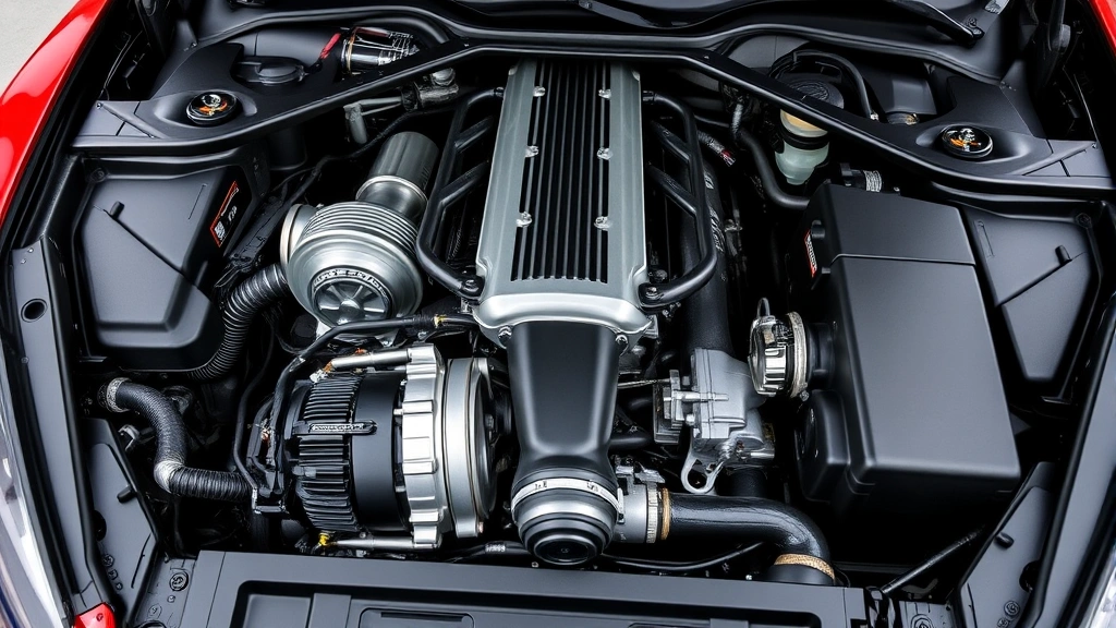 High-performance hybrid engine compartment showing turbocharged components and electric motor integration, technical precision and engineering excellence emphasized