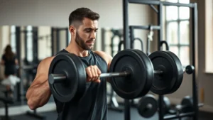 Person performing controlled weightlifting exercise with perfect form, focused expression, modern gym setting with minimal equipment visible, natural lighting highlighting muscle engagement