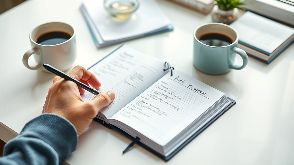 Someone writing in a detailed planner or journal with coffee nearby, tracking progress with pen and paper, soft morning light, clean desk setup, concentration