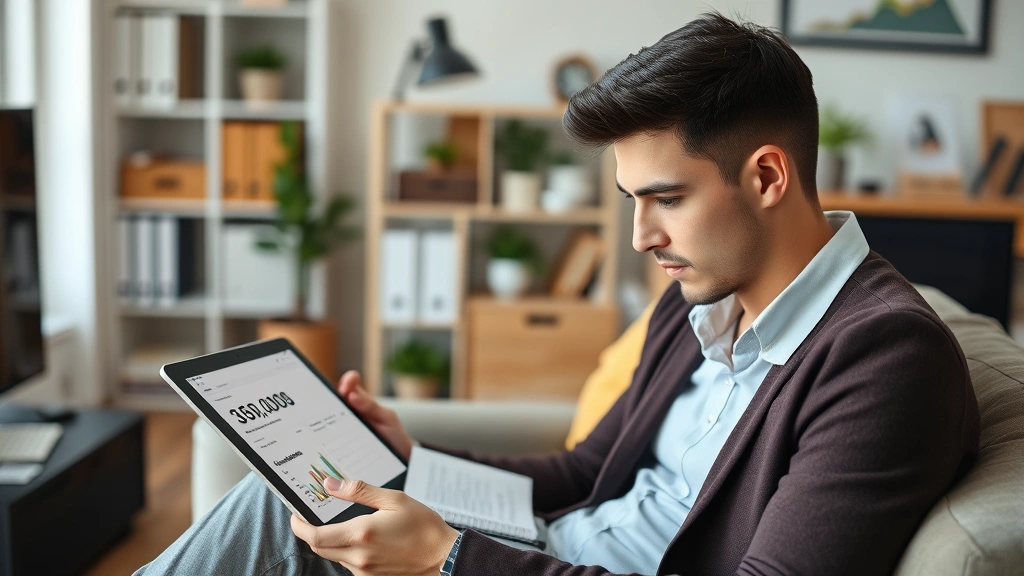 Individual reviewing performance metrics on a tablet while taking notes, professional casual attire, comfortable home office environment, thoughtful expression, organized workspace