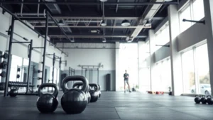 Modern athletic training facility interior with functional fitness equipment, kettlebells, and open training spaces with natural lighting from large windows, professional and minimalist design