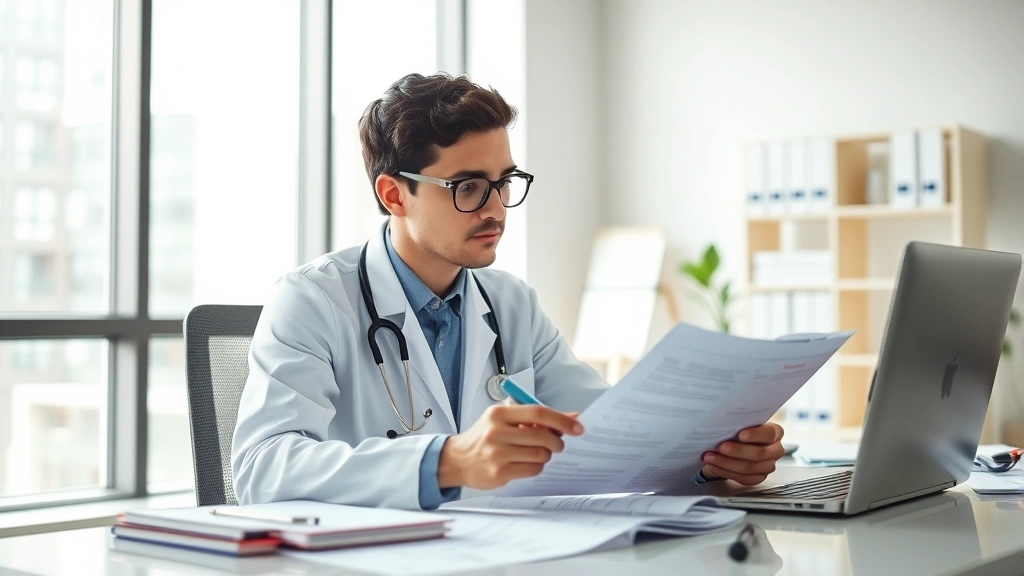 A focused mental health professional reviewing clinical documentation at a modern healthcare workspace, surrounded by natural light and professional medical charts on desk