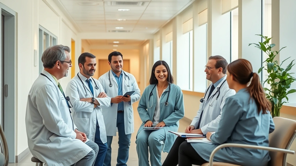 A diverse group of healthcare professionals engaged in a collaborative clinical discussion in a contemporary psychiatric hospital setting with calming architectural elements