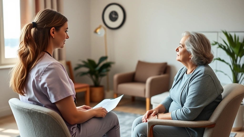 A nurse practitioner conducting a thoughtful assessment session with a client in a comfortable, therapeutically designed mental health clinic room with soft lighting