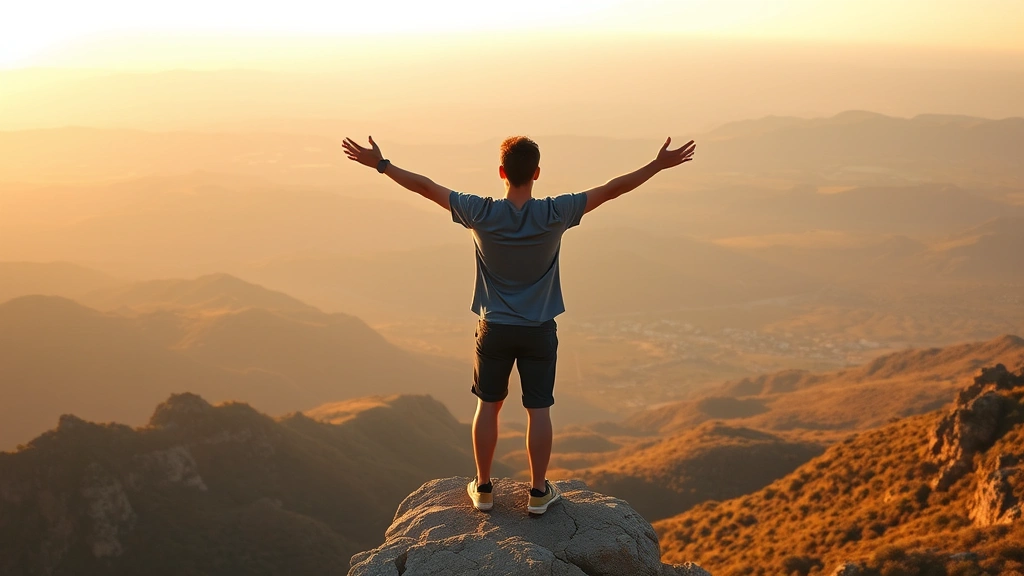 Individual standing on a cliff edge at sunrise overlooking vast landscape, arms open in peaceful acceptance, golden hour lighting, natural terrain, sense of perspective and grounding