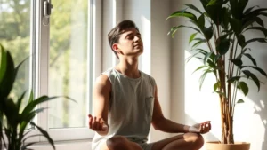 Person sitting peacefully by a window with natural light streaming in, eyes closed in meditation, surrounded by plants, serene indoor environment with soft shadows