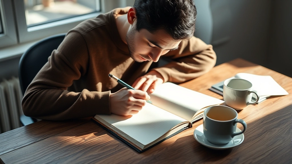 Individual writing in a journal at a wooden desk with coffee cup nearby, morning sunlight, calm focused expression, minimalist workspace aesthetic