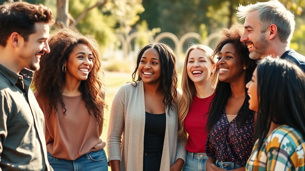 Group of diverse people laughing together in a natural outdoor setting, genuine connection and joy, warm sunlight, relaxed body language and authentic smiles