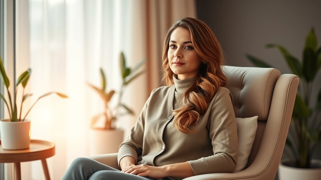 Professional woman sitting in comfortable therapy office chair with warm lighting, serene expression, modern minimalist interior with plants and soft colors