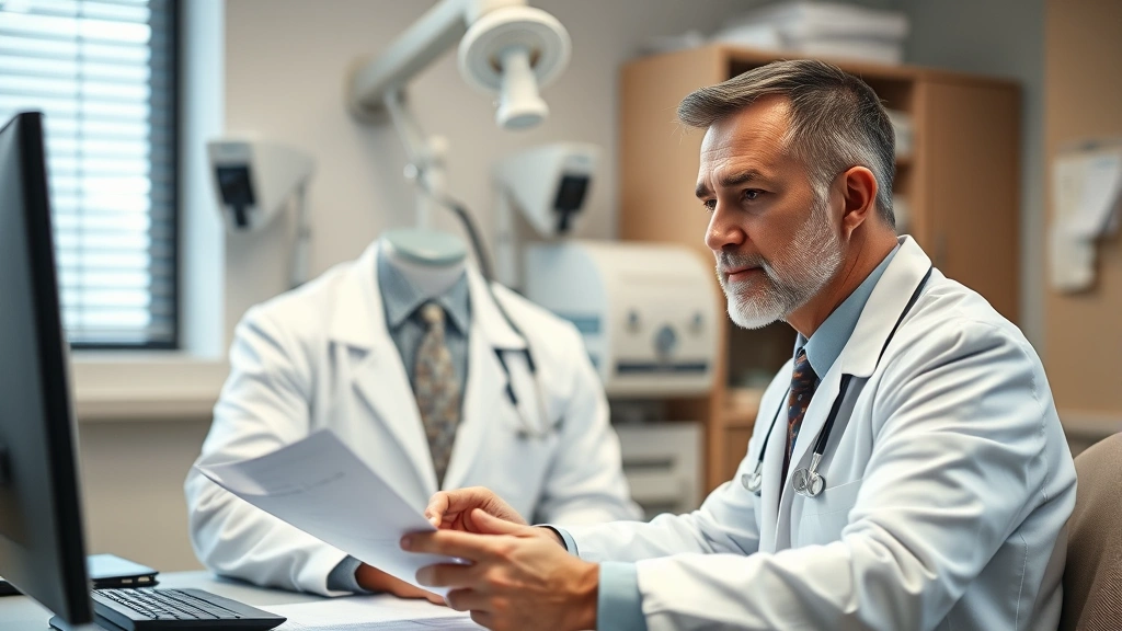 Male psychiatrist in white coat reviewing medical charts at desk in clinical office, focused expression, professional healthcare environment with medical equipment visible
