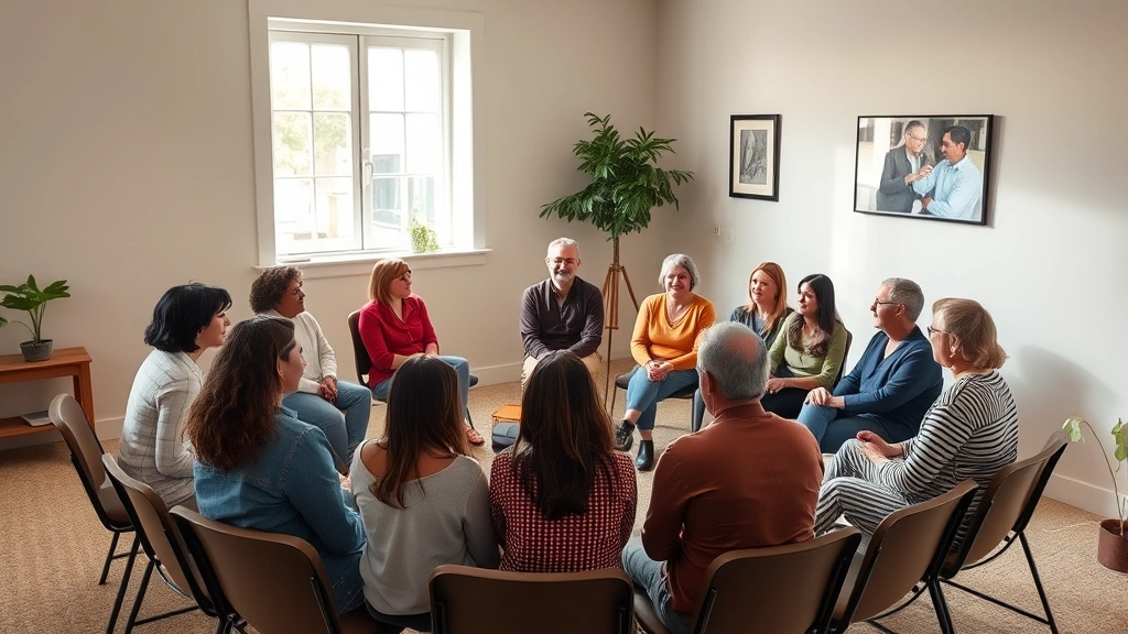 Diverse group of people sitting in circle during support group meeting in calm community room, engaged and supportive body language, natural window lighting