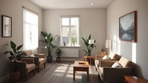 Professional therapist's office with comfortable seating, natural light streaming through windows, calming neutral tones, plants and artwork, no people visible, peaceful and welcoming atmosphere
