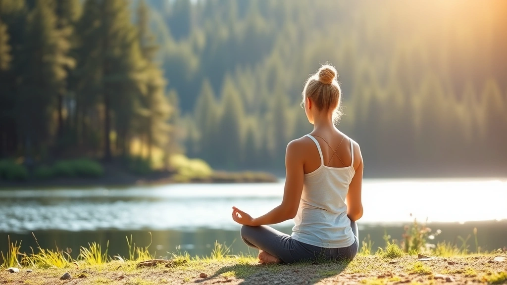 Person sitting peacefully in nature by a lake or forest, meditating or reflecting in sunlight, outdoor wellness setting, serene landscape background, showing mental clarity and calm