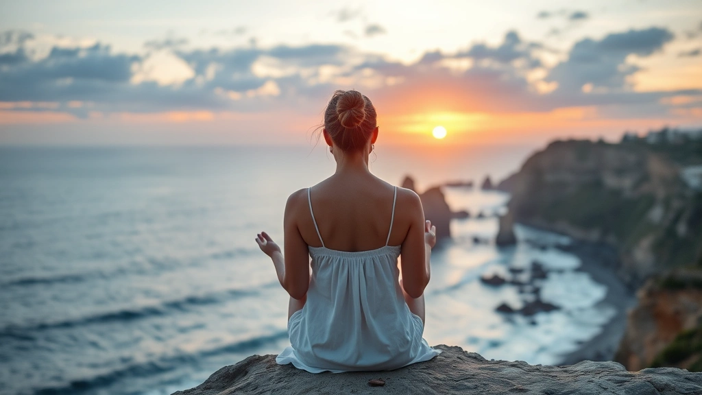 A serene woman sitting peacefully on a coastal cliff overlooking the ocean at sunset, surrounded by natural light and calm atmosphere, embodying mental clarity and tranquility without any text or numbers visible