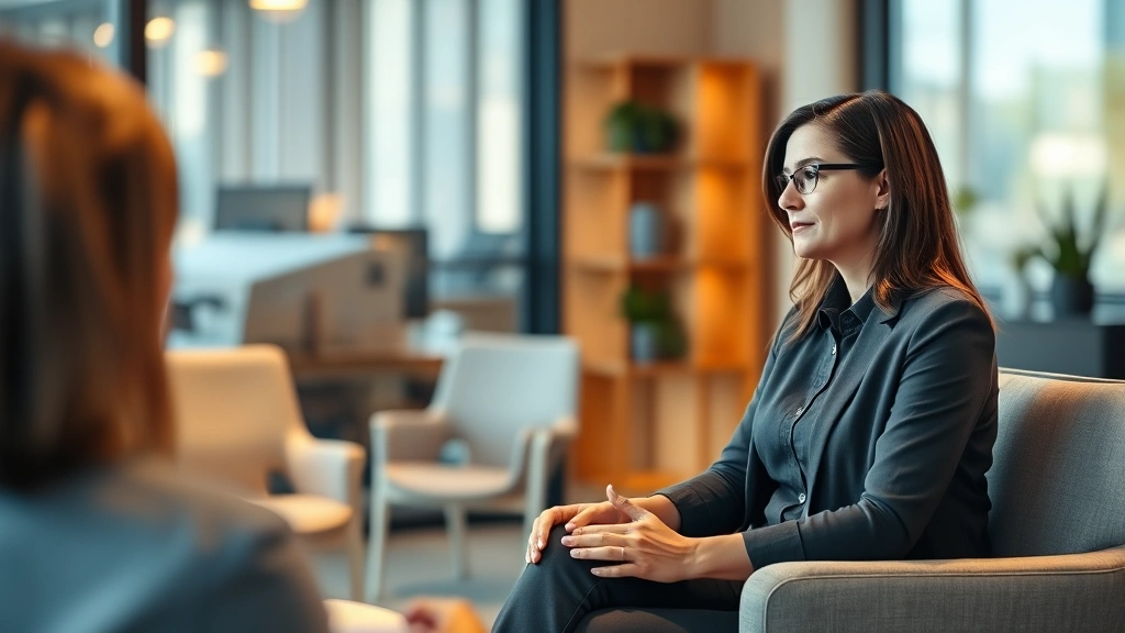 A professional woman in a therapy session, sitting comfortably in a modern office with warm lighting, engaged in meaningful conversation, representing emotional support and professional mental health care without any visible text