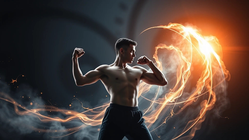 Determined figure in training stance surrounded by abstract upward-spiraling energy waves, photorealistic, dramatic lighting, representing breakthrough moments and disciplined focus