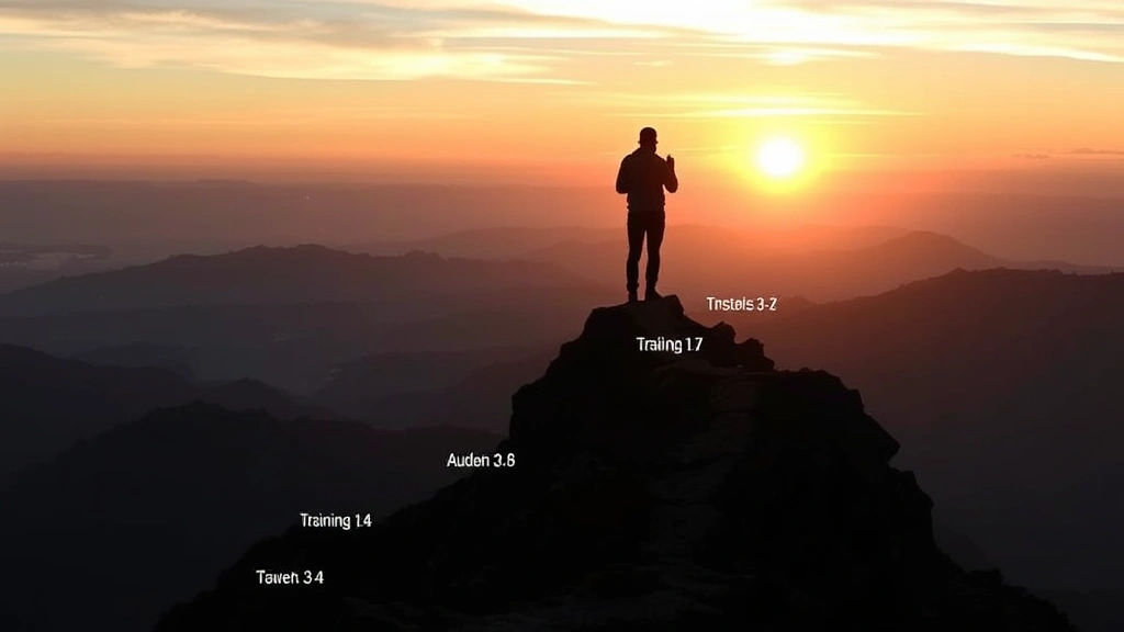 Silhouette of person at mountain peak during sunrise, multiple ascending paths visible below, photorealistic landscape, symbolizing different training arcs and growth stages