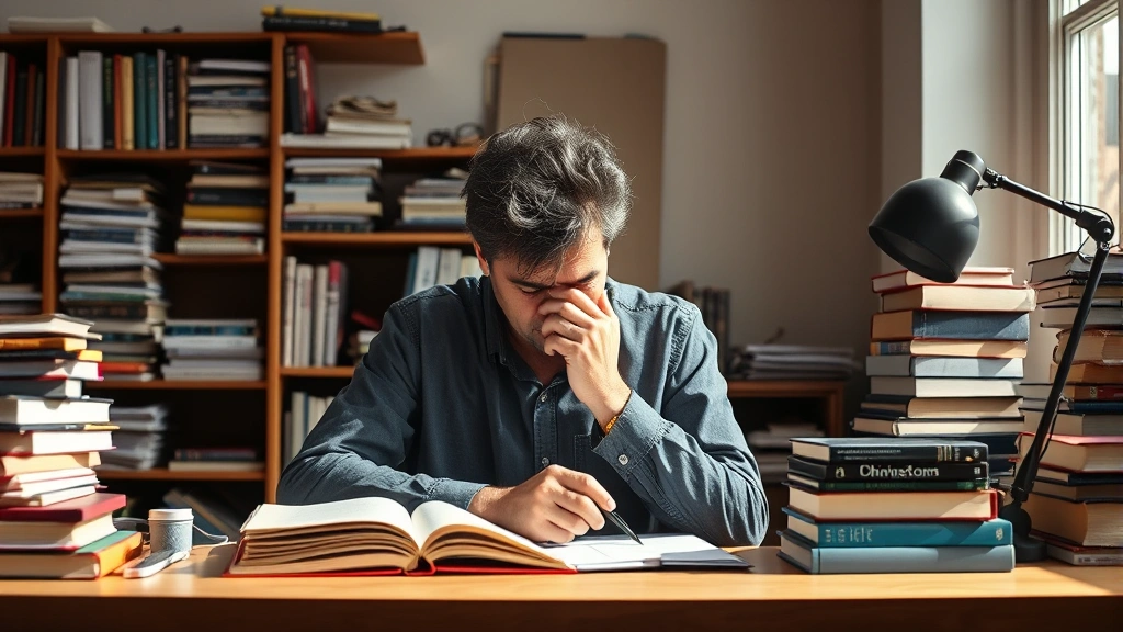 Person in deep concentration at desk with stacked books and organized workspace, warm natural lighting, photorealistic, embodying daily practice and consistent effort