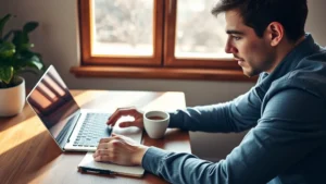 Person at wooden desk with laptop and coffee cup, focused expression, morning light streaming through window, notebook and pen nearby, professional yet relaxed atmosphere