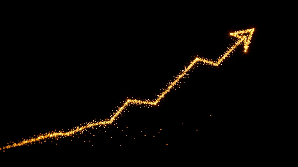 Upward trending graph or arrow visualization made of light particles or energy, abstract but clear direction, representing growth and momentum, clean minimalist style