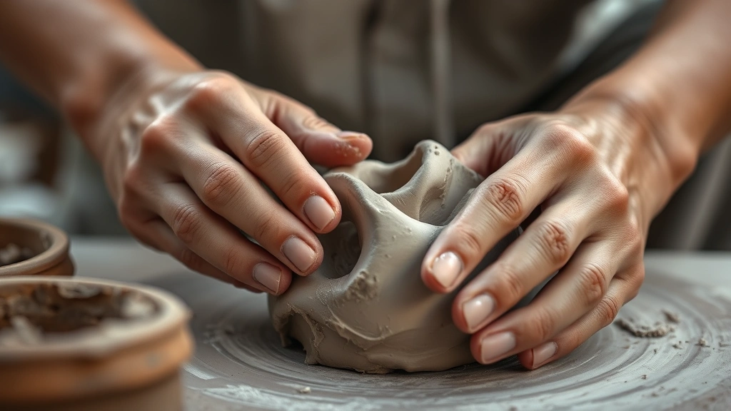 Hands working on clay or sculpting something abstract, showing creative process and active shaping, natural lighting, close-up perspective emphasizing intentional action and creation