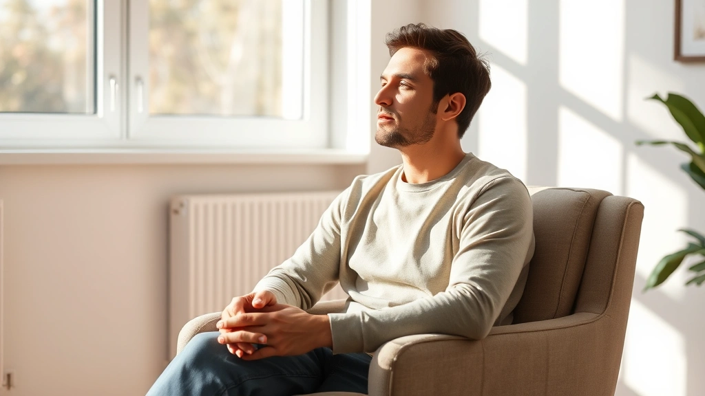 Person sitting in comfortable chair in sunlit room, looking thoughtful and peaceful, hands folded gently, soft natural lighting, calm interior setting