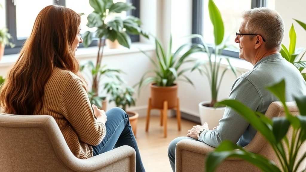 Person in therapy session sitting across from counselor, both visible from side angle, warm office environment with plants, natural conversation moment