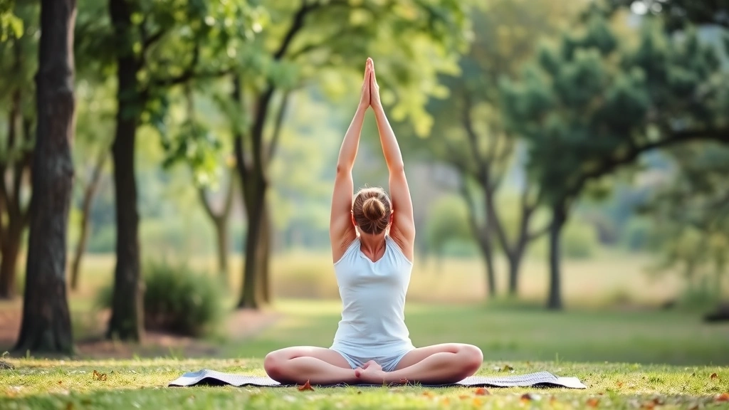 Person doing yoga or meditation pose on mat outdoors in nature, trees and soft natural background, peaceful and centered posture